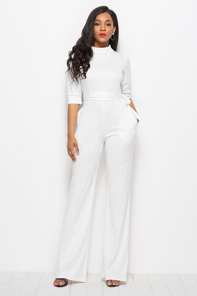 Mock Neck Tie-Waist Half Sleeve Jumpsuit