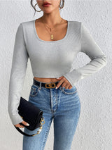 Scoop Neck Cropped Long Sleeve Blouse