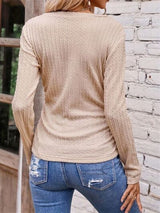 Textured Ruched V-Neck Long Sleeve T-Shirt