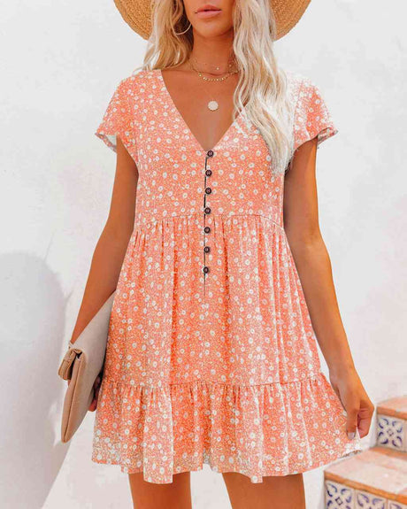 Printed V-Neck Buttoned Short Sleeve Mini Dress