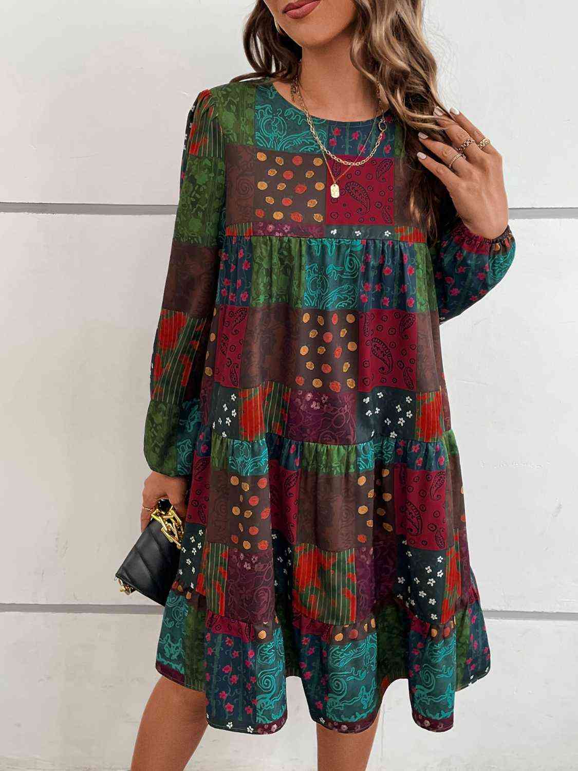 Patchwork Round Neck Long Sleeve Dress