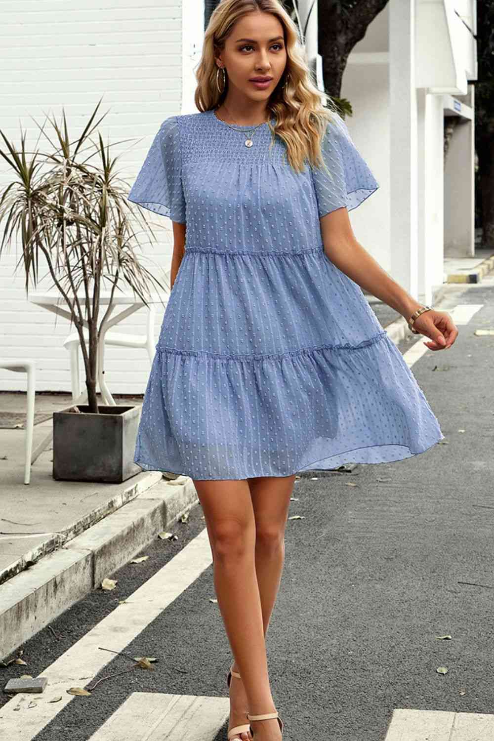 Swiss Dot Smocked Frill Trim Dress