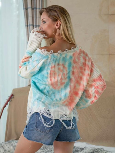 Tie-Dye V-Neck Long Sleeve Sweater