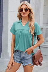 Ruched Johnny Collar Short Sleeve Blouse