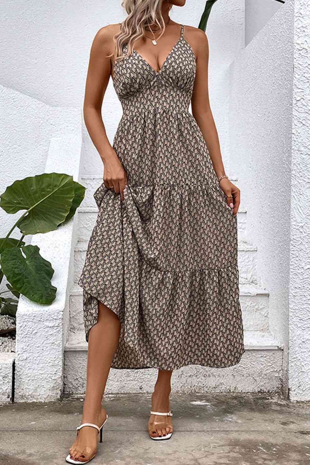 Printed Spaghetti Strap Tie Back Dress