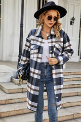 Plaid Button Up Collared Neck Coat with Pockets