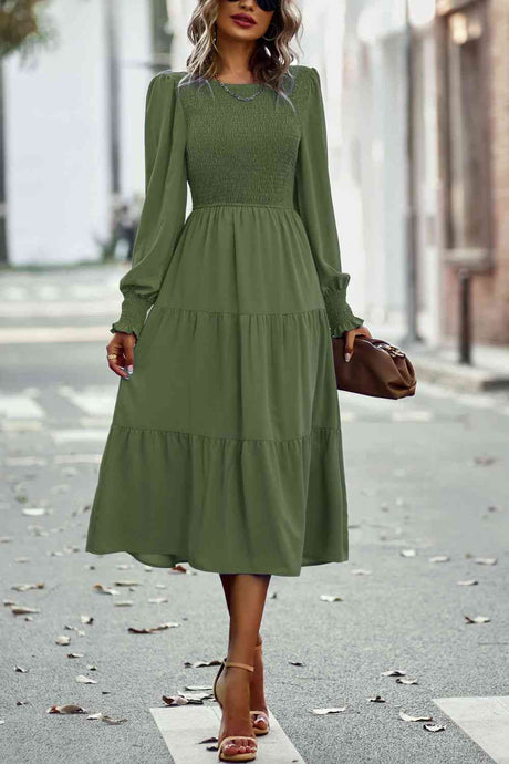 Smocked Long Puff Sleeve Tiered Midi Dress