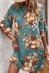 Floral Print Round Neck Flounce Sleeve Mini Dress