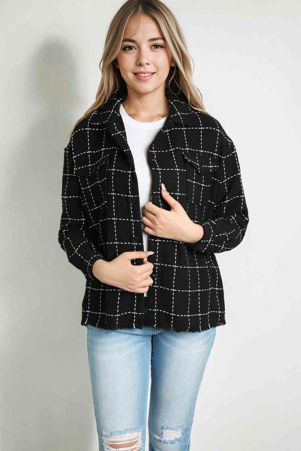 Plaid Raw Hem Jacket with Pockets