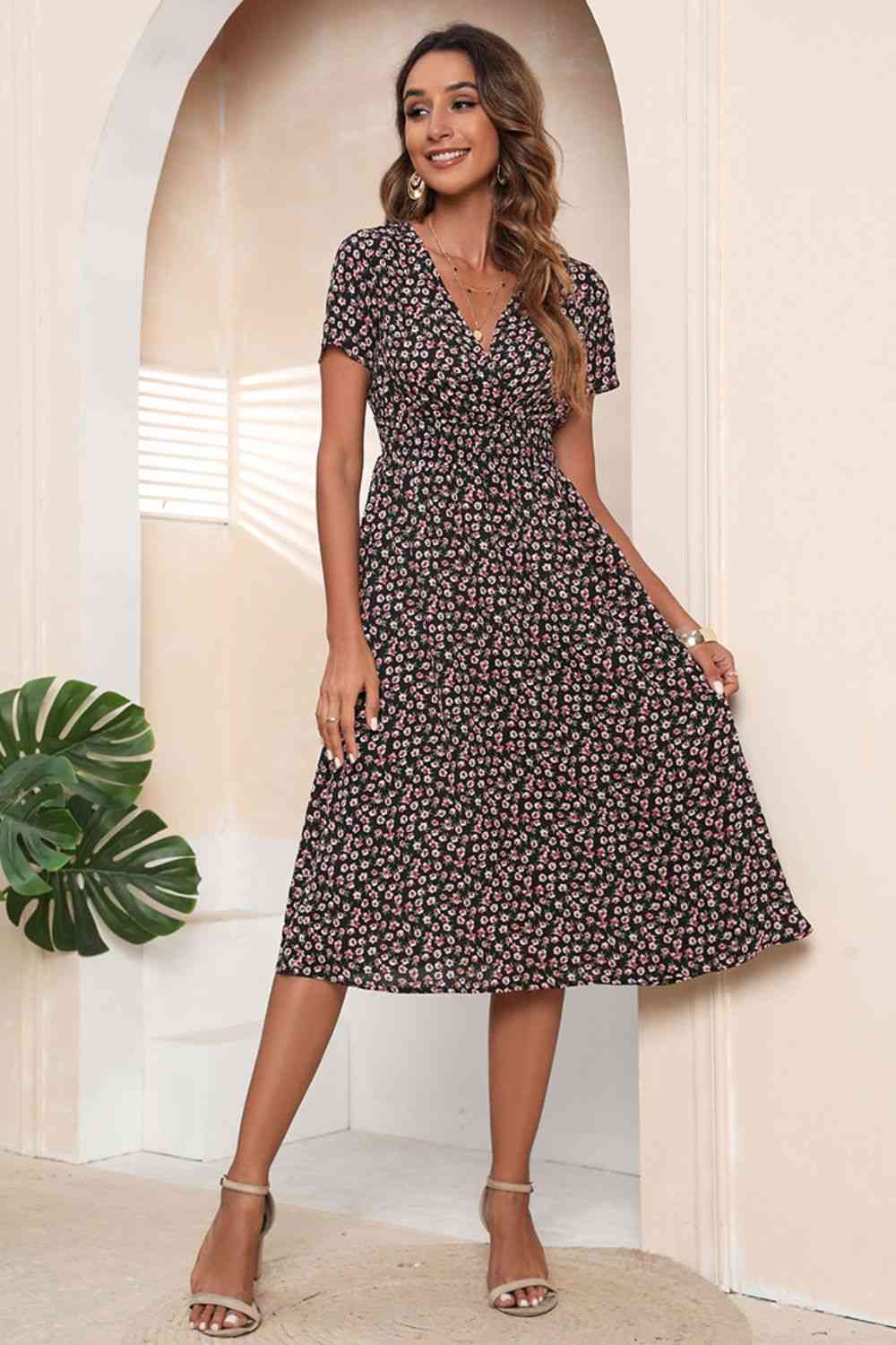 Surplice Short Sleeve Knee Length Dress