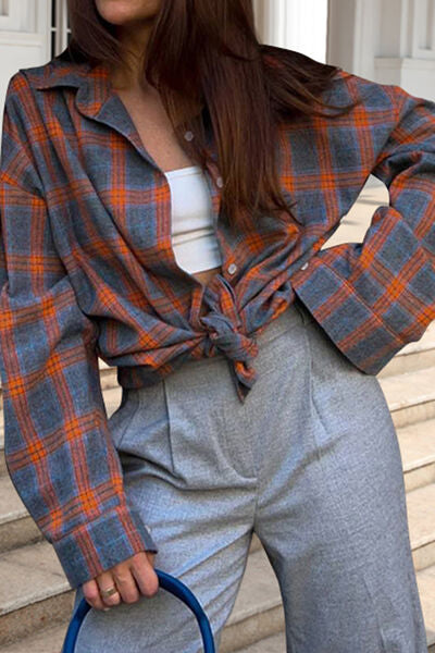 Plaid Button Up Dropped Shoulder Shirt