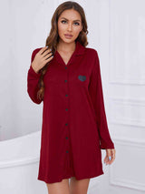 Heart Graphic Lapel Collar Long Sleeve Night Dress