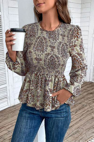 Smocked Printed Balloon Sleeve Blouse