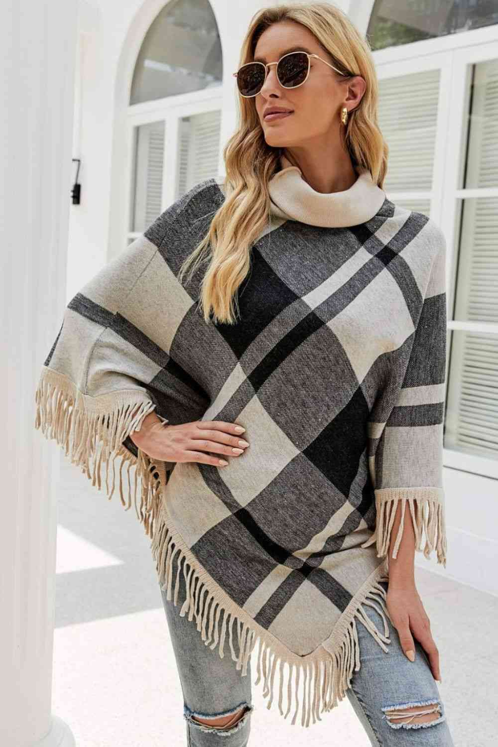 Plaid Turtleneck Fringe Hem Poncho