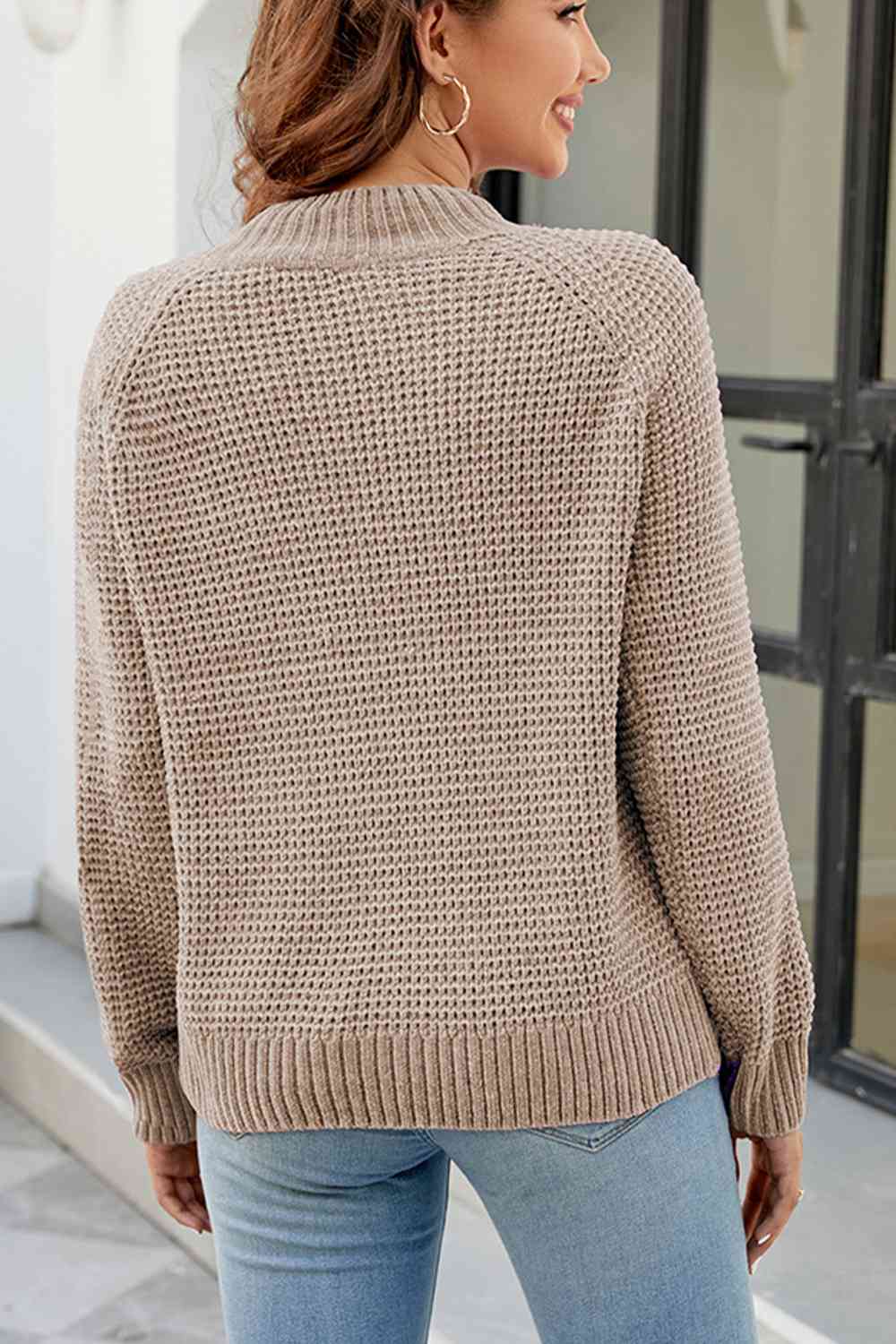 Waffle-Knit Round Neck Reglan Sleeve Sweater