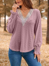 Eyelet V-Neck Flounce Sleeve Top