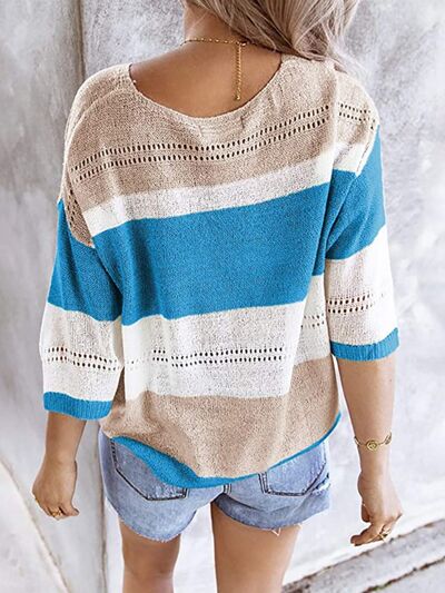 Color Block Openwork Dropped Shoulder Sweater