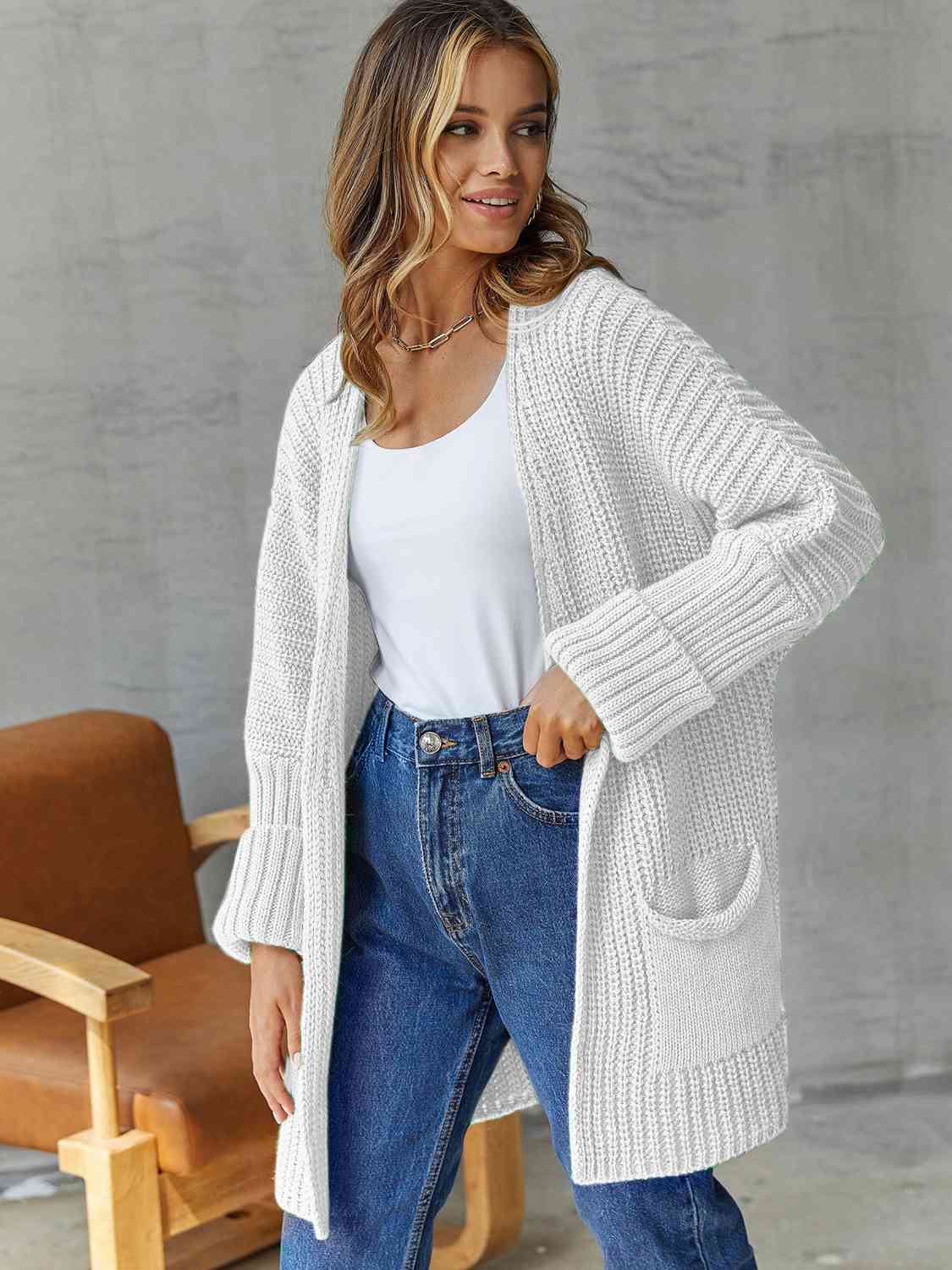 Open Front Long Sleeve Cardigan with Pockets