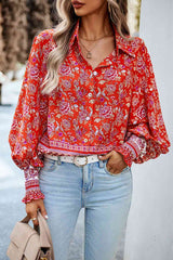 Printed Collared Neck Smocked Lantern Sleeve Shirt