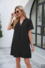 Notched Puff Sleeve Shift Dress