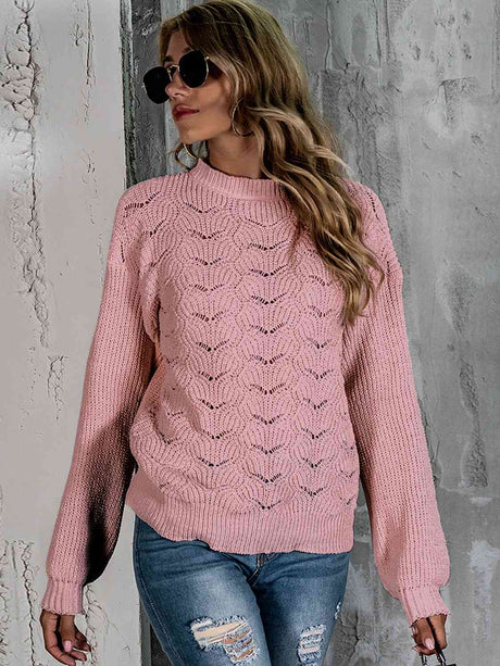 Openwork Mock Neck Long Sleeve Sweater