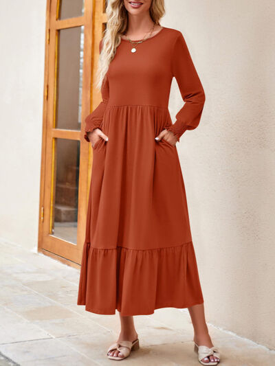 Round Neck Lantern Sleeve Ruffle Hem Dress