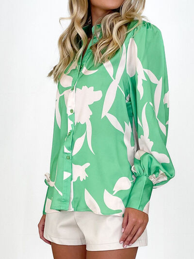 Printed Button Up Lantern Sleeve Shirt