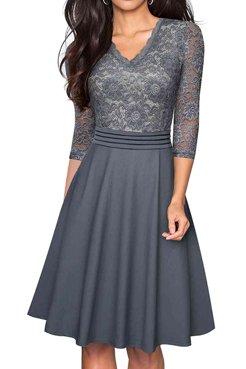 V-Neck Lace Detail Knee-Length Dress