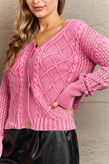 HEYSON Soft Focus Full Size Wash Cable Knit Cardigan in Fuchsia