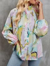 Printed Mock Neck Balloon Sleeve Shirt