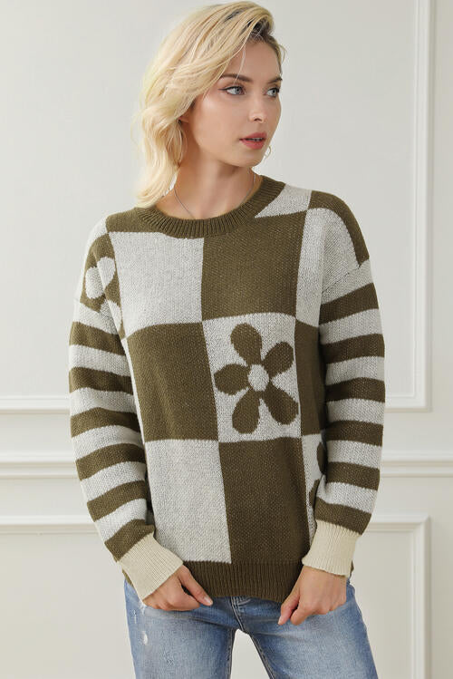 Contrast Round Neck Long Sleeve Sweater