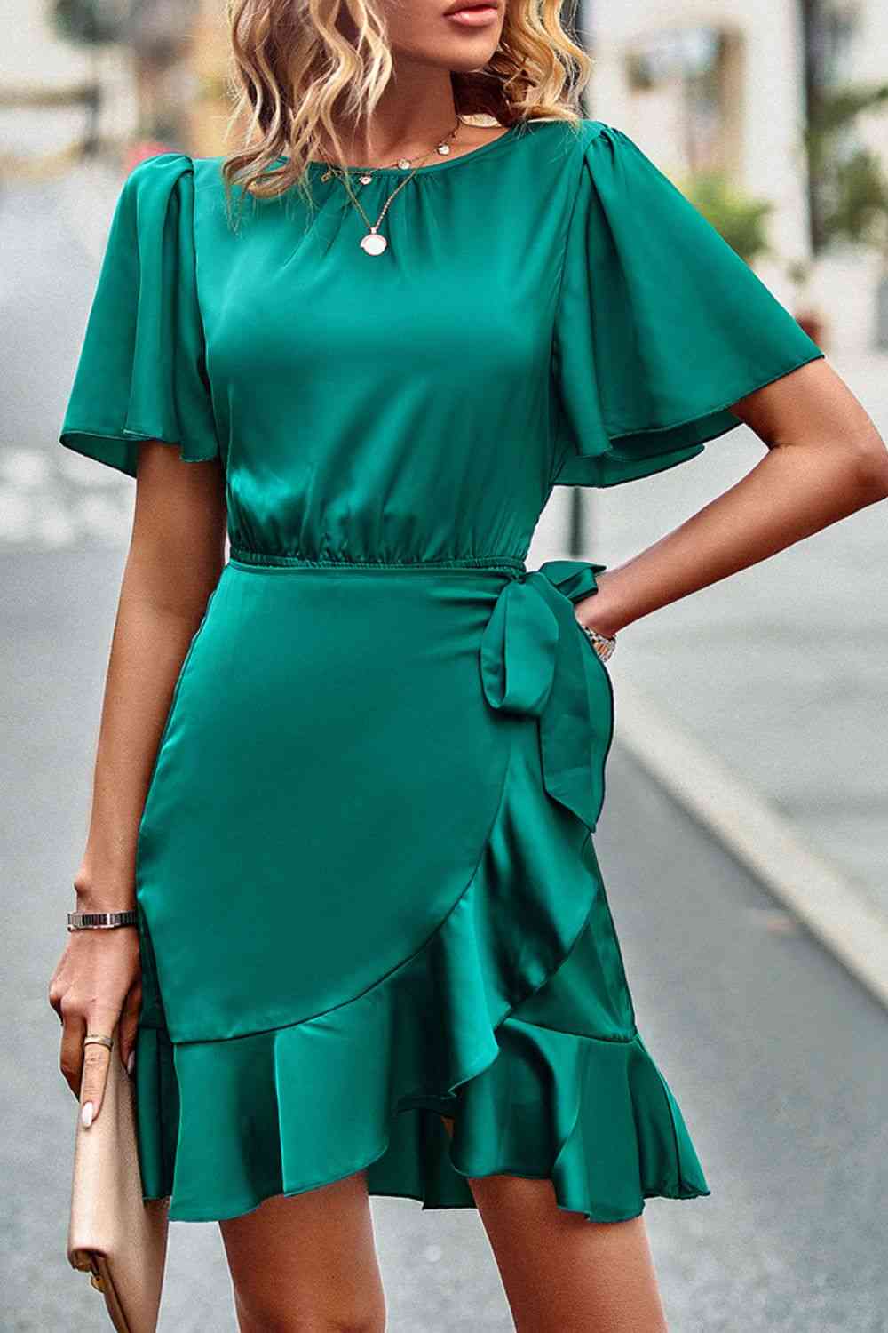 Round Neck Flutter Sleeve Ruffled Dress