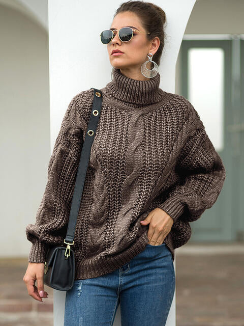 Turtleneck Cable-Knit Dropped Shoulder Sweater