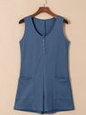 Waffle-Knit Half Button Sleeveless Romper with Pockets