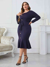 Melo Apparel Plus Size Buttoned Round Neck Tie Belt Midi Dress