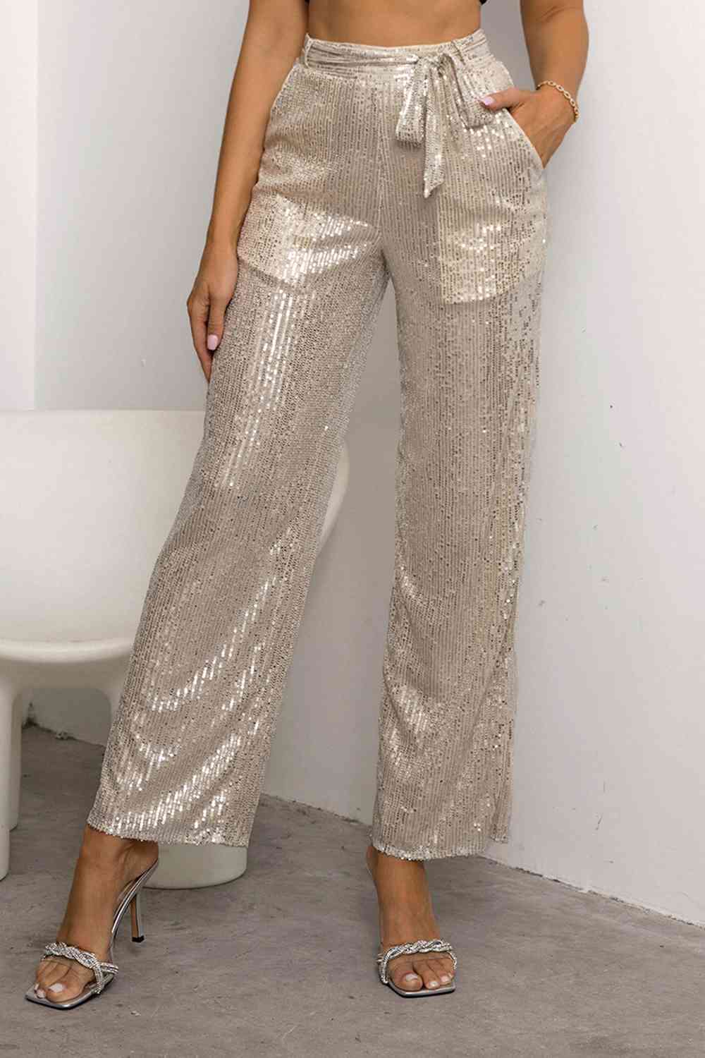 Sequin Tie Waist Straight Leg Pants