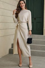 Boat Neck Long Sleeve Twisted Midi Dress