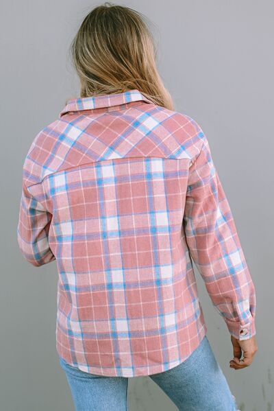 Plaid Pocketed Collared Neck Button Up Jacket