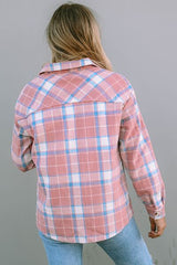 Plaid Pocketed Collared Neck Button Up Jacket