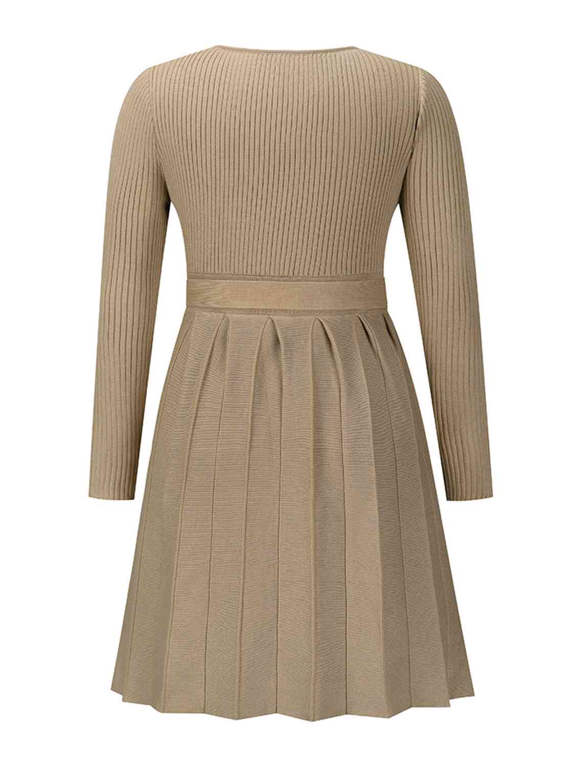 Surplice Neck Tie Front Pleated Sweater Dress