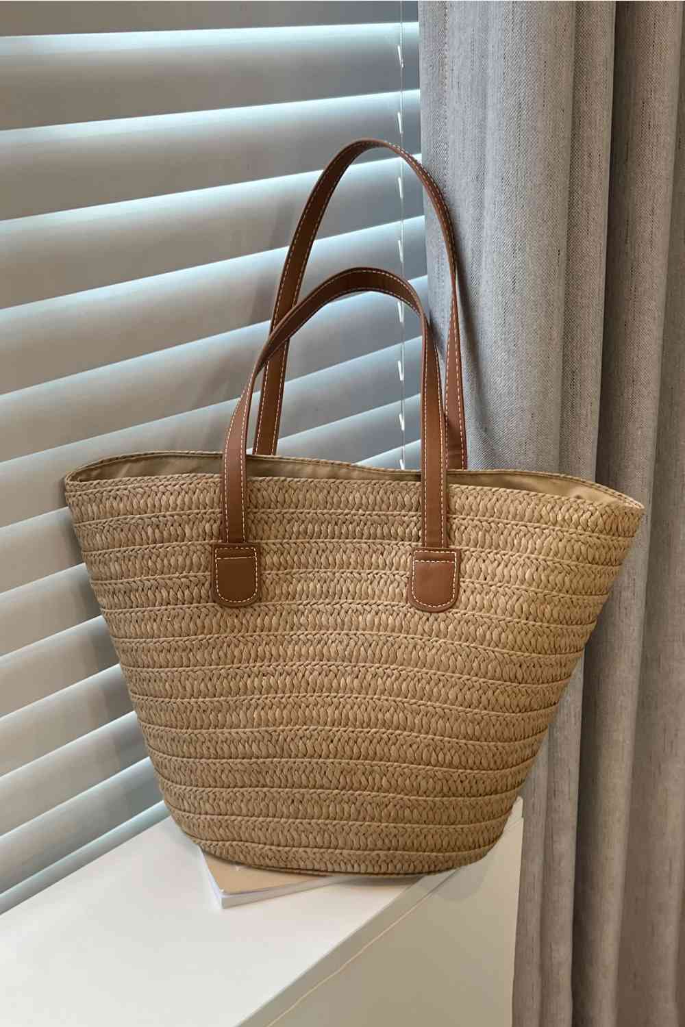 PU Leather Handle Straw Tote Bag