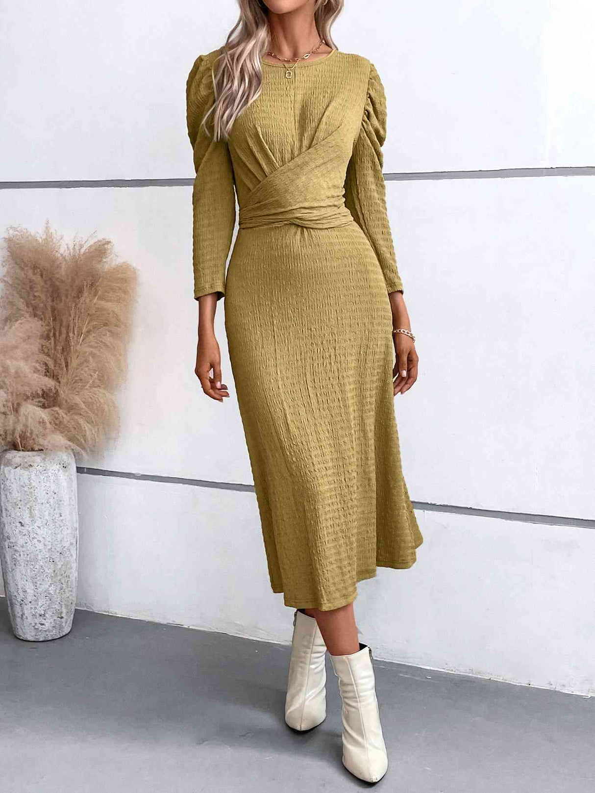 Crisscross Tied Puff Sleeve Dress