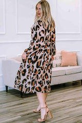 Plus Size Leopard Print Surplice Neck Long Sleeve Midi Dress