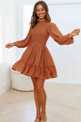 Smocked Balloon Sleeve Ruffle Hem Dress