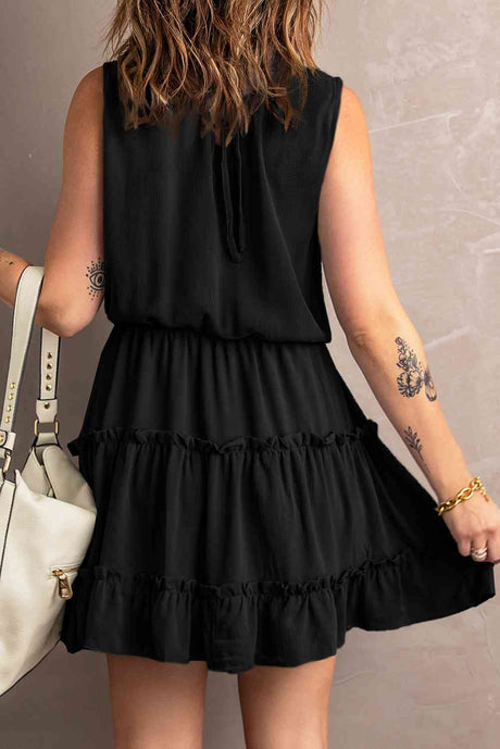 Tie Neck Frill Trim Sleeveless Mini Dress