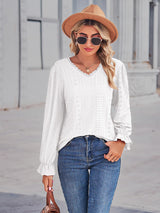 Eyelet V-Neck Flounce Sleeve Blouse