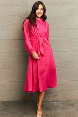 Collared Neck Long Sleeve Twisted Midi Dress