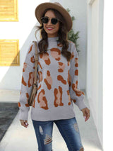 Leopard Mock Neck Dropped Shoulder Sweater