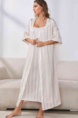 Striped Flounce Sleeve Open Front Robe and Cami Dress Set