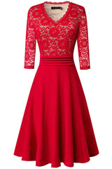 V-Neck Lace Detail Knee-Length Dress